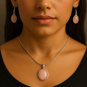 Silver Tone & Pink Pendant Necklace w/ Matching Drop Earrings – Women’s Jewelry